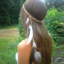 Boho Feather Headband Brown Indian Peacock Feather Headbands Gypsy Hippie Headba