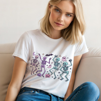 Halloween Dancing Skeleton T-Shirt   Cute Pastel Ghost Bat Pumpkin GraphicTee A8