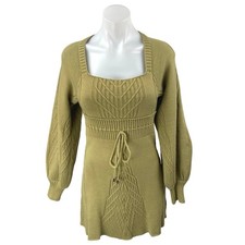 Free People Emmaline Green Long Balloon Sleeve Cutout Back Mini Sweater Dress S