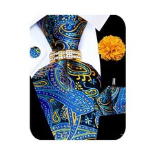 5PCS Mens Silk Tie, Pocket Square, Cufflinks, Blue Paisley Tie Set -306 7