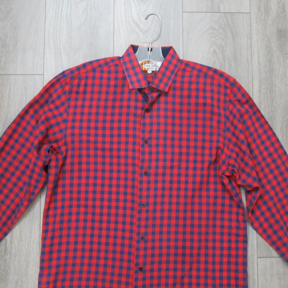 Camisa Frank Stella Clothier Hombre M Rojo Azul Cuadros 100% Algodón Botón Ajuste A Medida Foto 3 de 4
