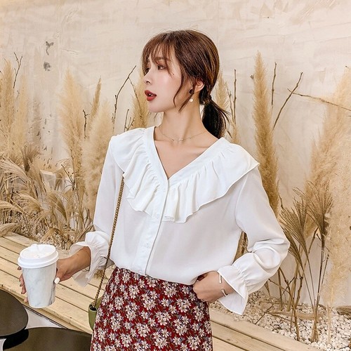 Lady Ruffle Frill Blouse Shirt V Neck Long Sleeve Tops Retro Style Lolita Office - Picture 7 of 13