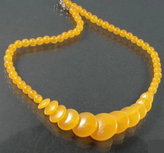 Collar de mujer con cuentas de jade amarillo monedas redondas bendición suerte fortuna 18KWGP broche Foto 2 de 4