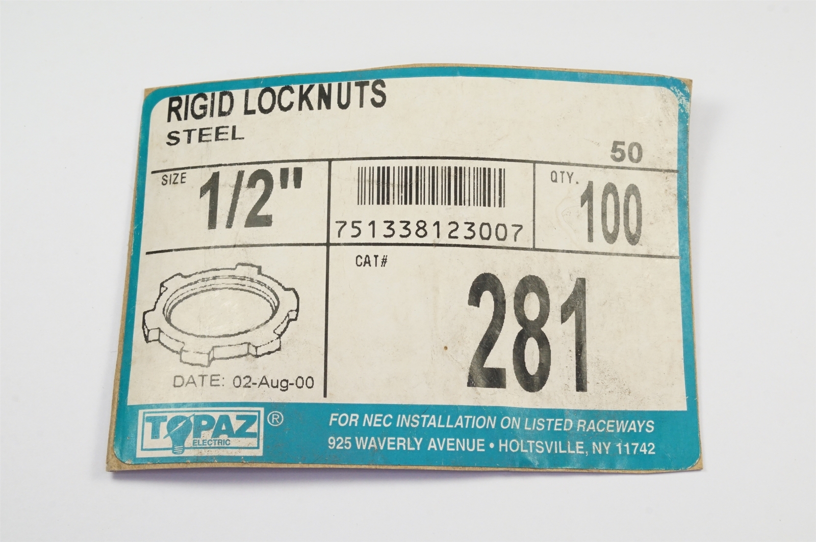 Lot of 10 x 281 Topaz Electric 1/2" Conduit Locknut Steel Rigid / IMC