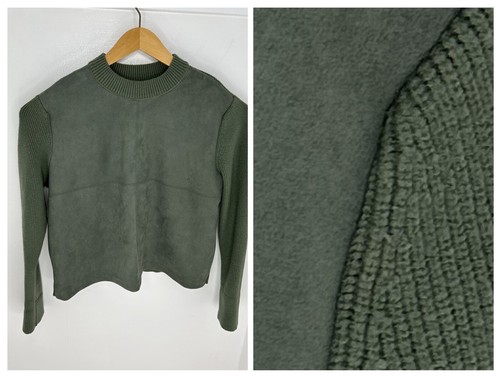 Ann Taylor Faux Suede Mixed Media Sweater Size XL Olive Green Crew Neck Cuff