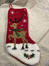 Hooked Yarn Reindeer Christmas Stocking Red Glitzhome Holiday 19”
