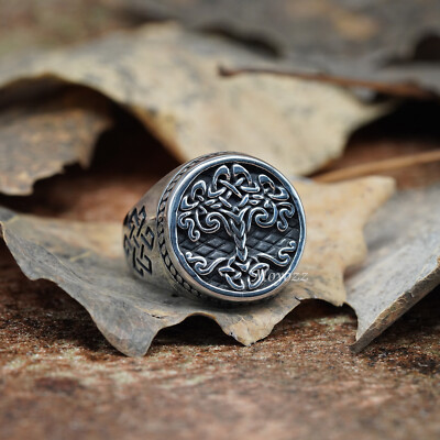 #ad Mens Stainless Steel Celtic Tree of Life Band Ring Black Silver Size 7 15 Gift $10.44