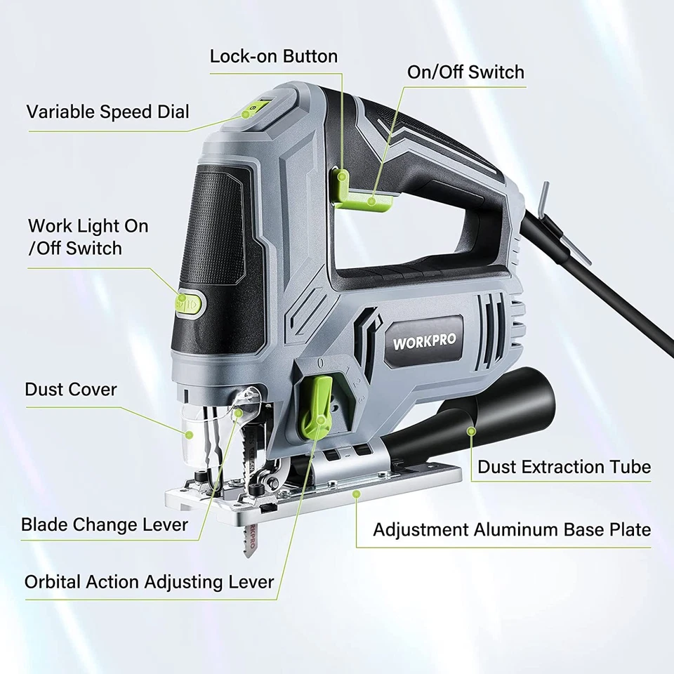 Kit de herramientas de sierra caladora eléctrica con cable WORKPRO 6,5 AMP 850 W 3000 SPM 7 PIEZAS hojas Foto 2 de 4