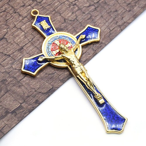 Vintage Metal Hand Hold Cross Crucifix Jesus Holy Religious Carved Christ Blue - Picture 5 of 5