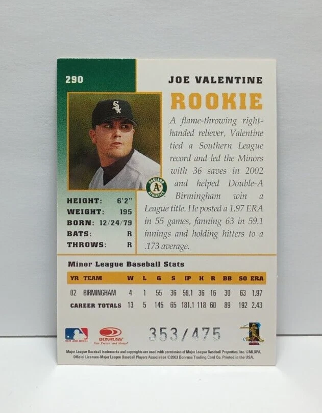 Joe Valentine 2003 Donruss Champions #291 Autograph Rookie Card White Sox /475 - Image 2 of 2
