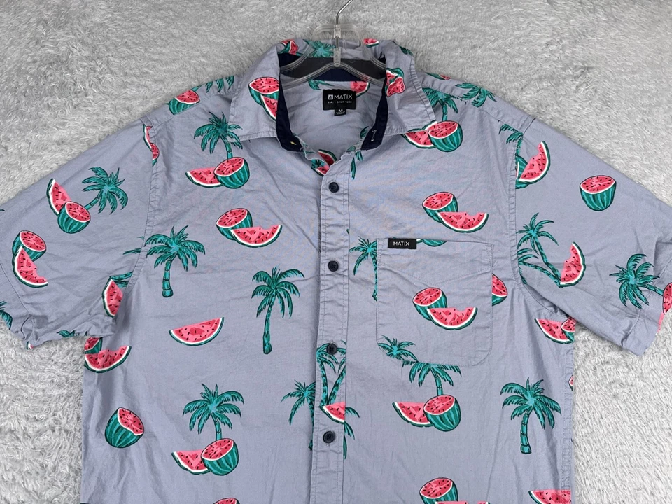 Matix Shirt Men Medium Blue Watermelon Palm Tree Cotton Blend Hawaiian Button Up - Image 4 of 4