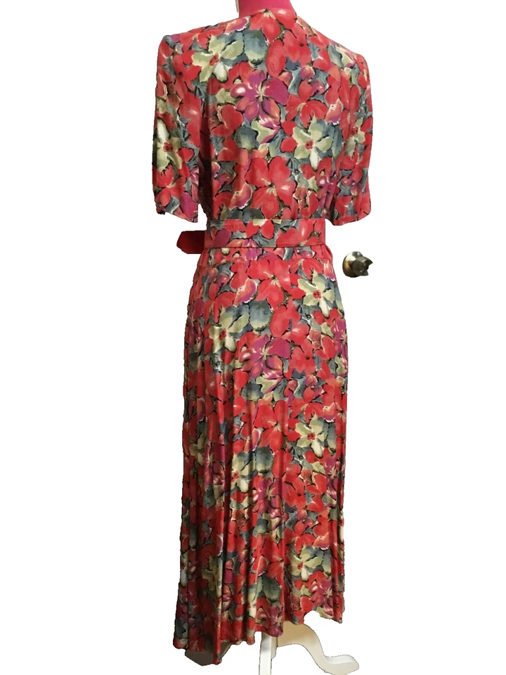 Vtg 80s ED MICHAELS MEL DRUCKER 11/12 Rayon ShirtDress Belted RedFloral 6-A388-3 - Image 3 of 4