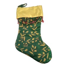 Green And Gold Embroidered Floral Victorian Beaded Christmas Stocking 21  Satin