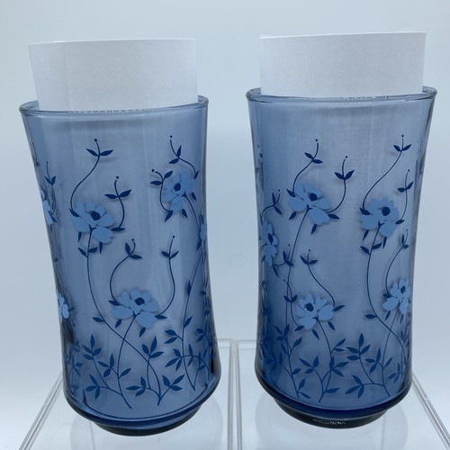 4 Libbey Glass Blue Floral Flowers Drinking Glasses Cups Vintage Tumblers - Picture 6 of 9