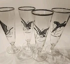 Set of 4 Vtg Silver Rimmed Pilsner Glasses Game Birds Waterfowl French Country