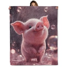 Cute Pig Animal Blanket 50x60 in, Flannel Throw Blankets for Travel Camping S...