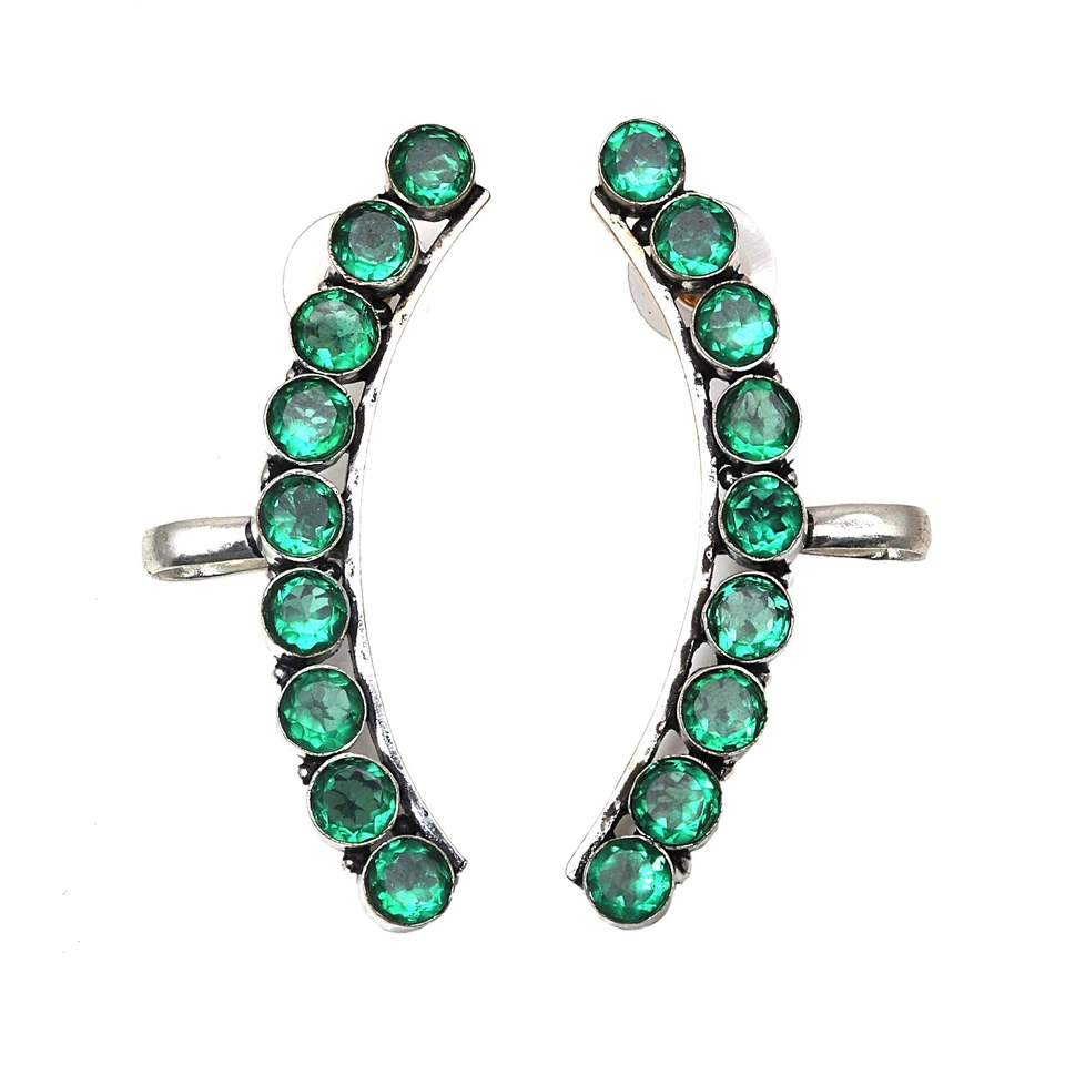 Brinco de alpinista de prata étnica feito à mão com pedra preciosa de quartzo esmeralda 2,5"" - Imagem 2 de 4