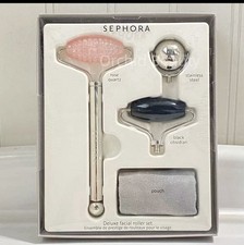 New Sephora Deluxe Facial Roller Set Rose Quartz, Black Obsidian Stainless Steel