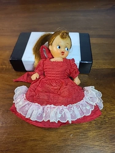 Vintage Made in Japan 6 inch Soft Plastic Doll Red Dress Ponytail