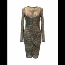 Women’s Black/Beige Geometric Sheer Mesh Ruched Crew Neck Sheath Dress