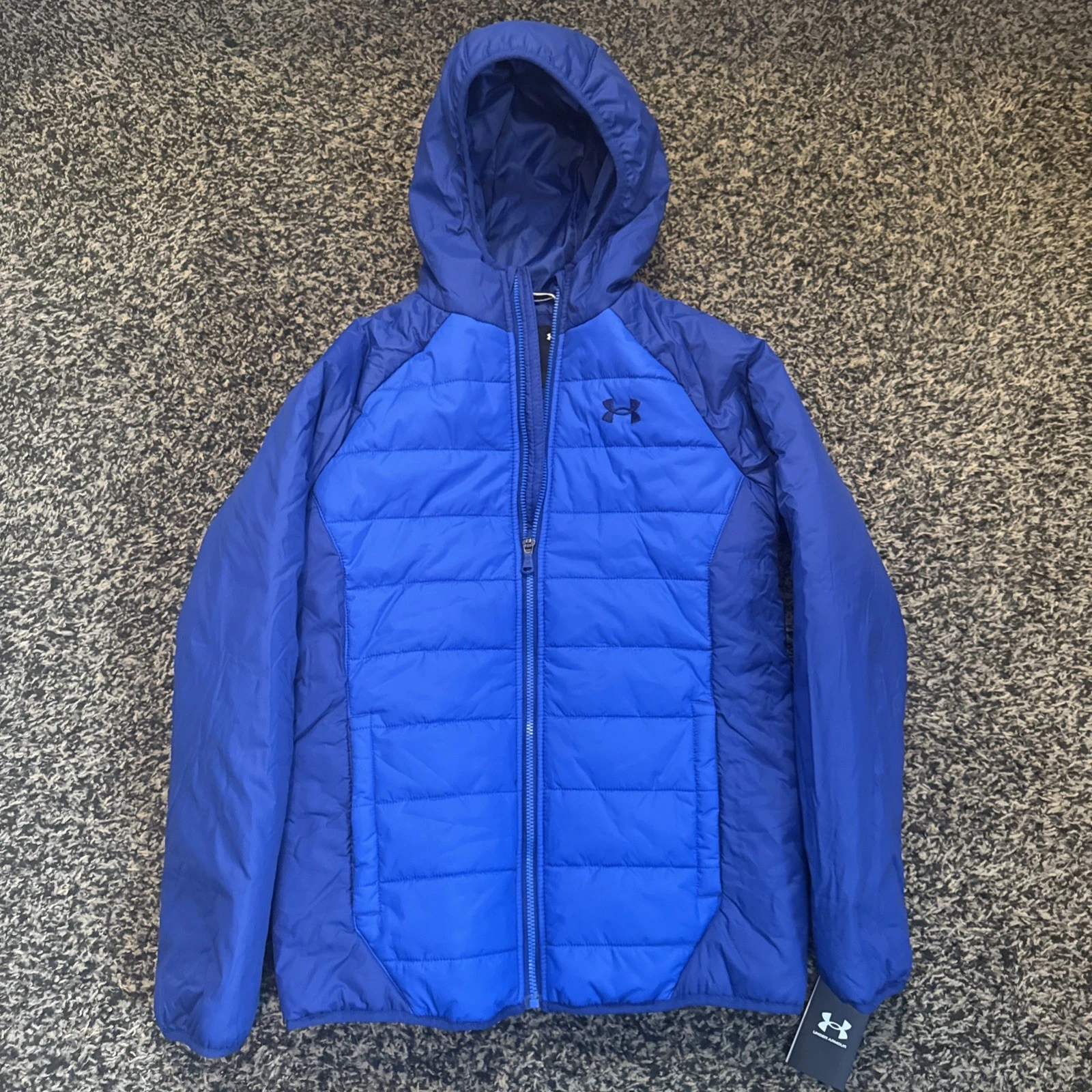 Under Armour Jacket Boys Youth L Blue Gray Outdoors Puffer Zipper Hood Coat New