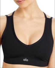 Alo Yoga Sport BraRibbed Jump Start V Neck Bra Black Yoga Pilates Size Small 68
