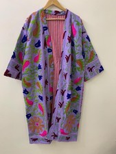 Boho Purple Embroidered Suzani Kimono Robe Cotton Floral Long Duster Jacket OS