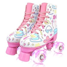 YYW Roller Skates for Girls and Women, Cute White PU Leather Light Up Kids Yo...
