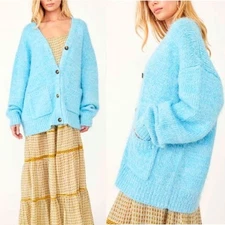 Free People Nevermind Fuzzy Cardigan Blue Butterfly Size XS
