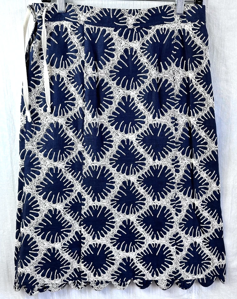 Falda TOCCA para mujer azul marino y blanco bordada de lino dobladillo festoneado línea A talla 2 Foto 3 de 4