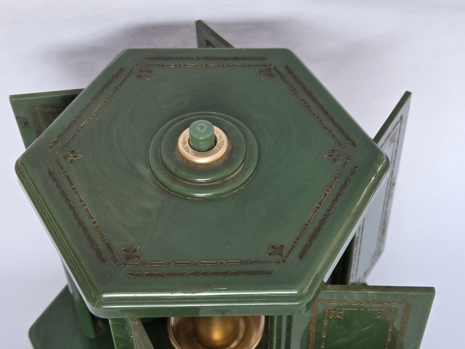 Antique Green Swiss Harmony Roundelay Music Box Cigarette Lipstick Carousel 