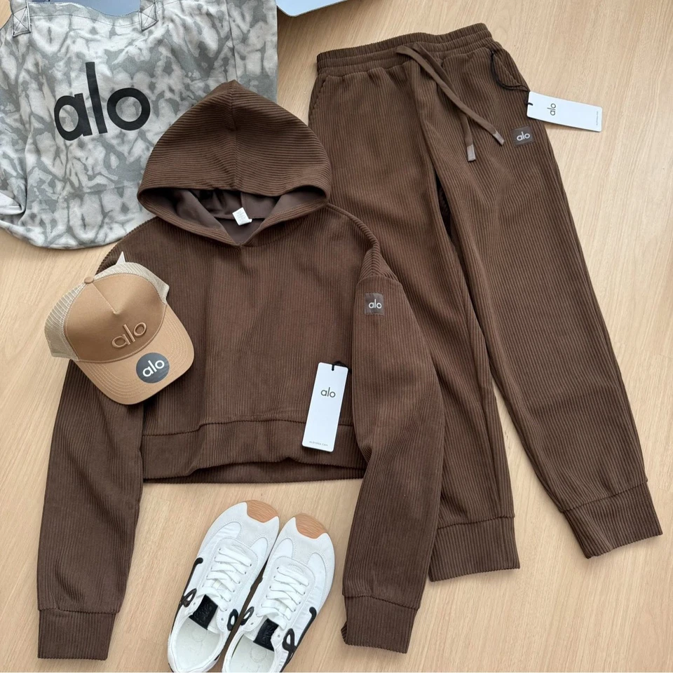 2025 Nuevo Conjunto Deportivo Alo Para Mujer Pana Suéter Corto con Capucha + Leggings Foto 2 de 4