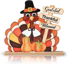 Thanksgiving Decorations Wooden Turkey Table Sign Pumpkin Large, Colorful