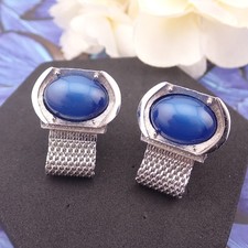 Vtg Swank Blue Oval Thermoset Silver Tone Mesh Wrap Around Cuff Links