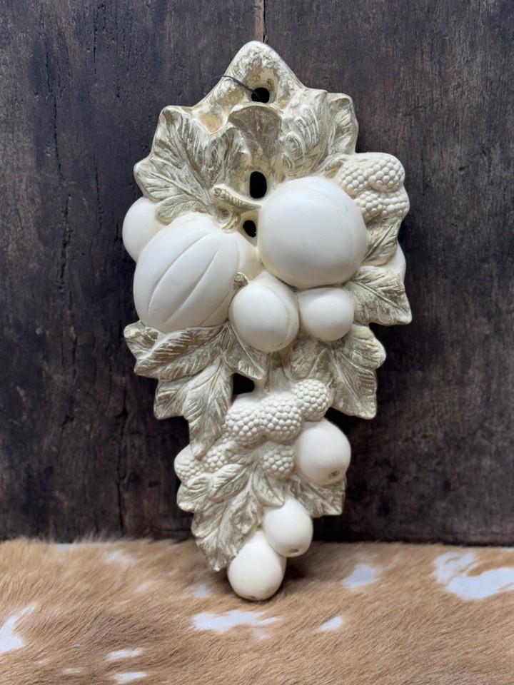 Genuine vintage MCM plaster fruit still-life swag wall art — the kind of tactile, handcrafted piece that defined 1950s-60s American home decor and is nearly impossible to find.
