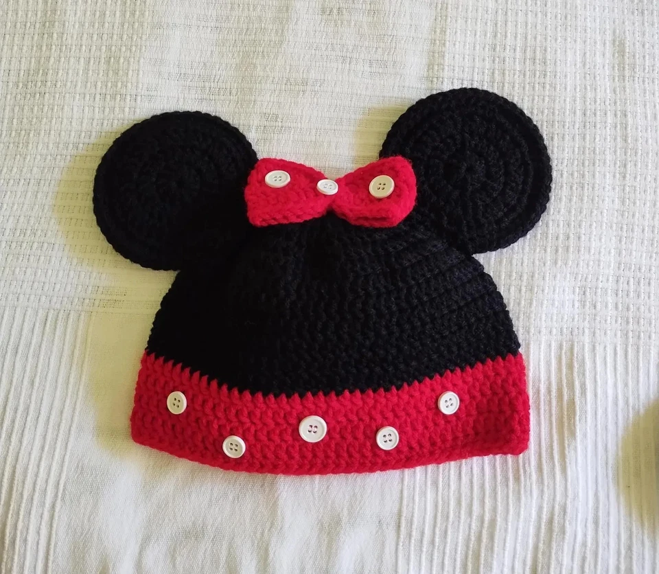 Nuevo Regalo Hecho a Mano Crochet Navidad Mickey Mouse Niña Sombrero 6-24M Foto 2 de 3