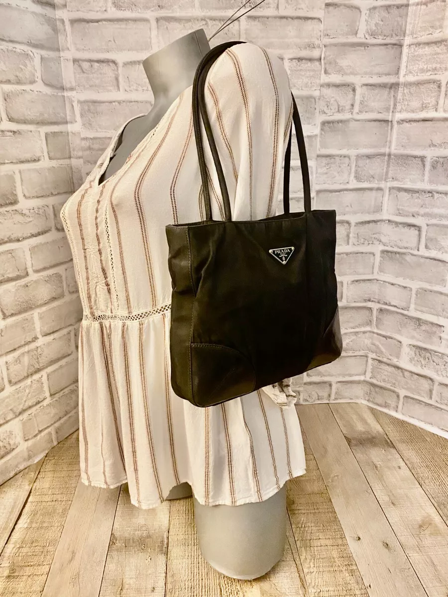 PRADA Small BLACK TESSUTO NYLON Borsa Leather Triple Compartment #31 Authentic!
