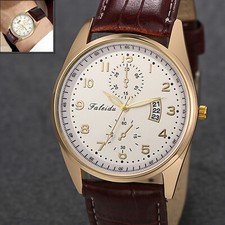 Mens Waterproof Brown Leather Date Watch Quartz Sports Business Wristwatch Gift
