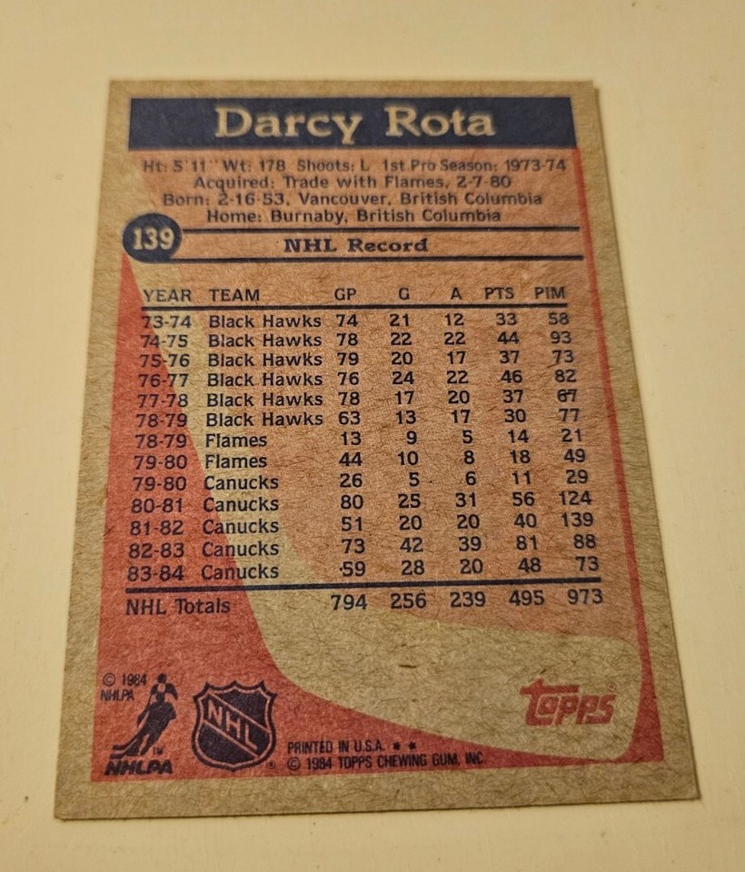 1984-85 Topps NHL - #139 Darcy Rota Vancouver Canucks - EX - Free ...