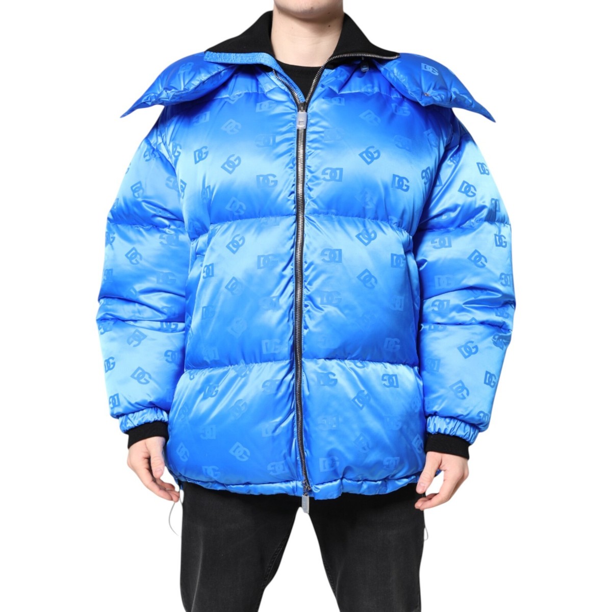 DOLCE & GABBANA Jacket Blue Logo Full Zip Hooded Quilted Men IT46