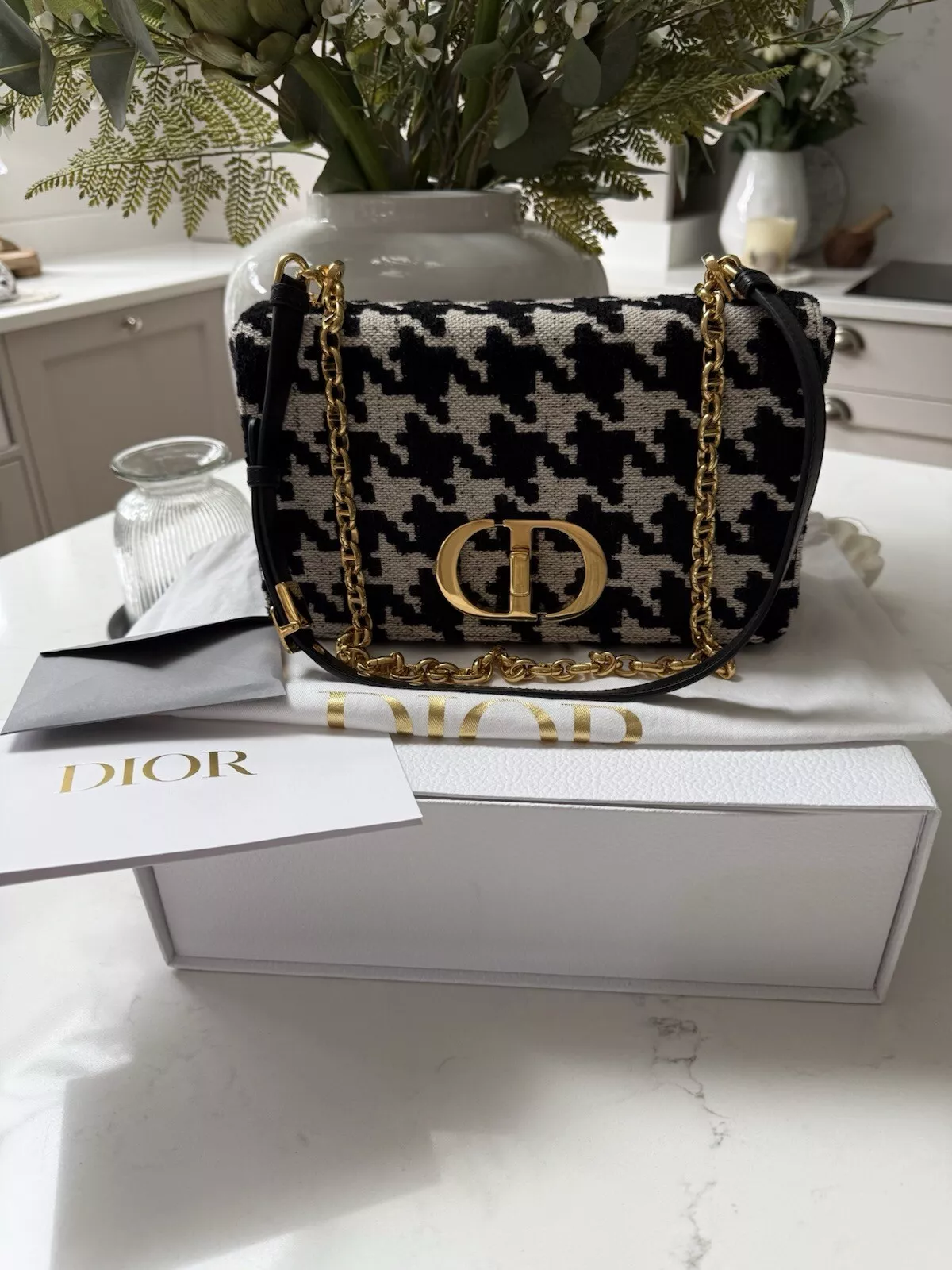 Sac Dior Medium Caro en toile micro pied de poule noir reçu authentique