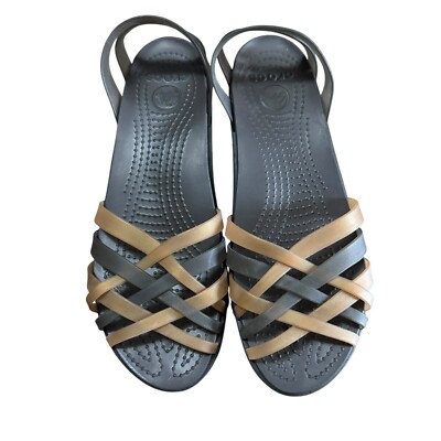 Crocs Isabella Huarache Sandals Womens Espresso Bronze Strappy Wedge Sz 