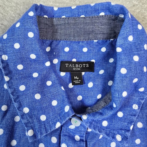 Talbots Leinenhemd Medium Petite blau weiß gepunktet Roll Tab Rockabilly Top - Bild 7 von 10