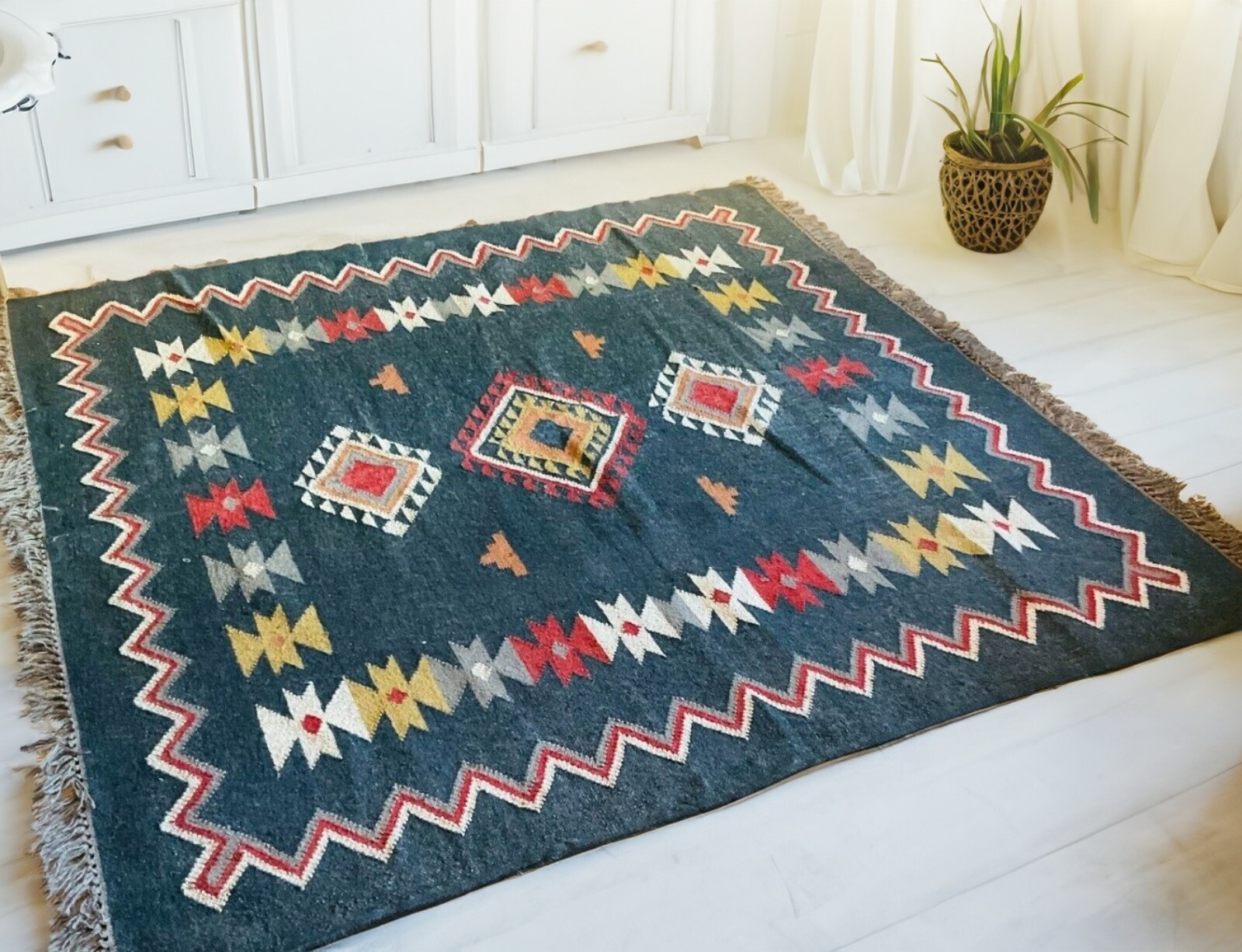 Square Grey Rug Black Multi Colour Geometric Kilim Living Room Cotton Jute Rugs eBay