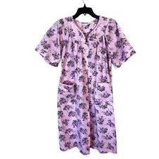 Womens Pink Floral Cotton Housedress Midi Pockets Snap Front Large Loungewear