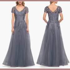 NWT 619 La Femme 14 29164 V Neck Embroidered Tulle A-Line Gown Slate J344