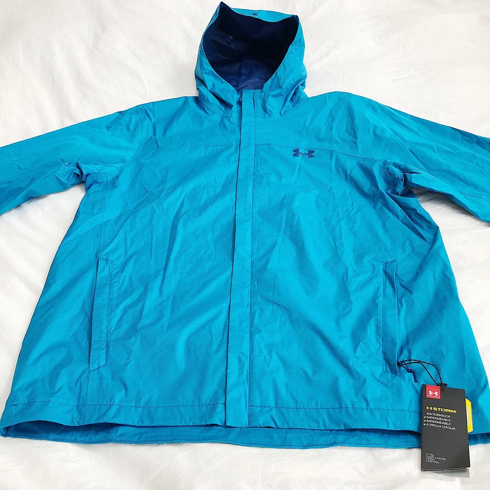 NWT Under Armour Men's Large Overlook Waterproof Rain Jacket UA Storm Blue $90 - Image 2 of 4