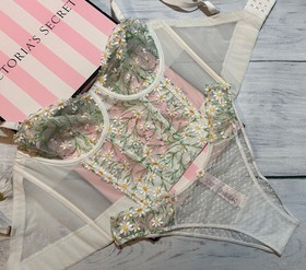 Victoria's Secret Dream Angels Floral Daisy Embroidered Longline Bra Set