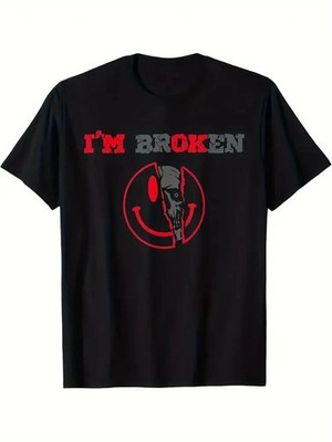 Men's ''I'm Broken'' Skull Graphic T-Shirt - Black Cotton Crew Neck Tee with Red &