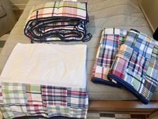 Pottery Barn Madras Set: 2-lined 84  Curtains and Crib Skirt